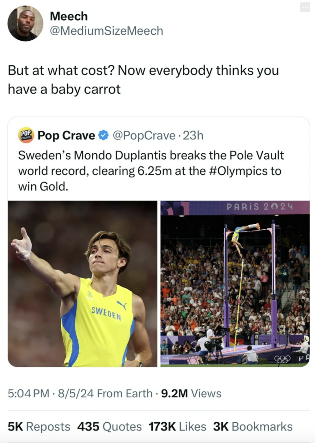 Pole vault - Meech But at what cost? Now everybody thinks you have a baby carrot Pop Crave Sweden's Mondo Duplantis breaks the Pole Vault world record, clearing 6.25m at the to win Gold. Sweden Paris 2024 8524 From Earth 9.2M Views 5K Reposts 435 Quotes 3